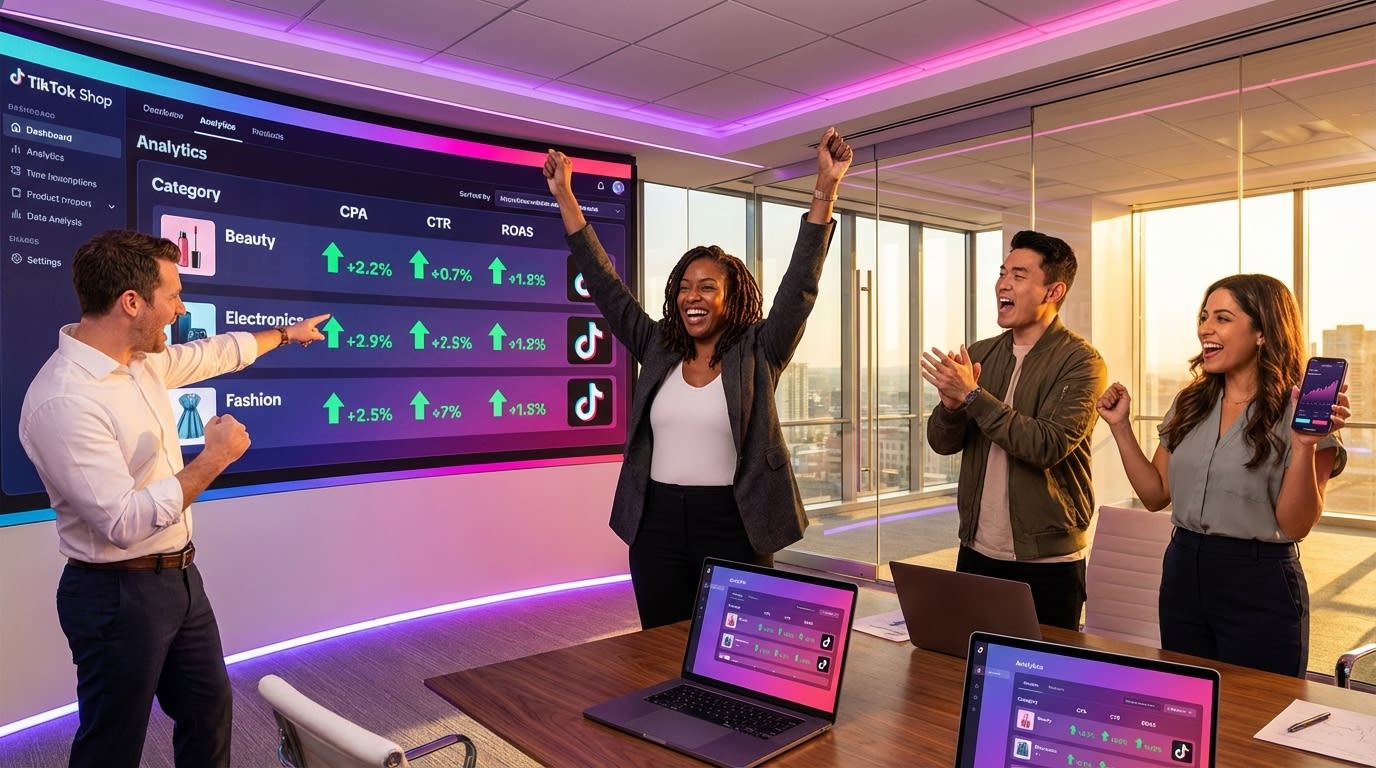 Diverse team celebrating TikTok Shop campaign success on war room dashboard with city skyline view