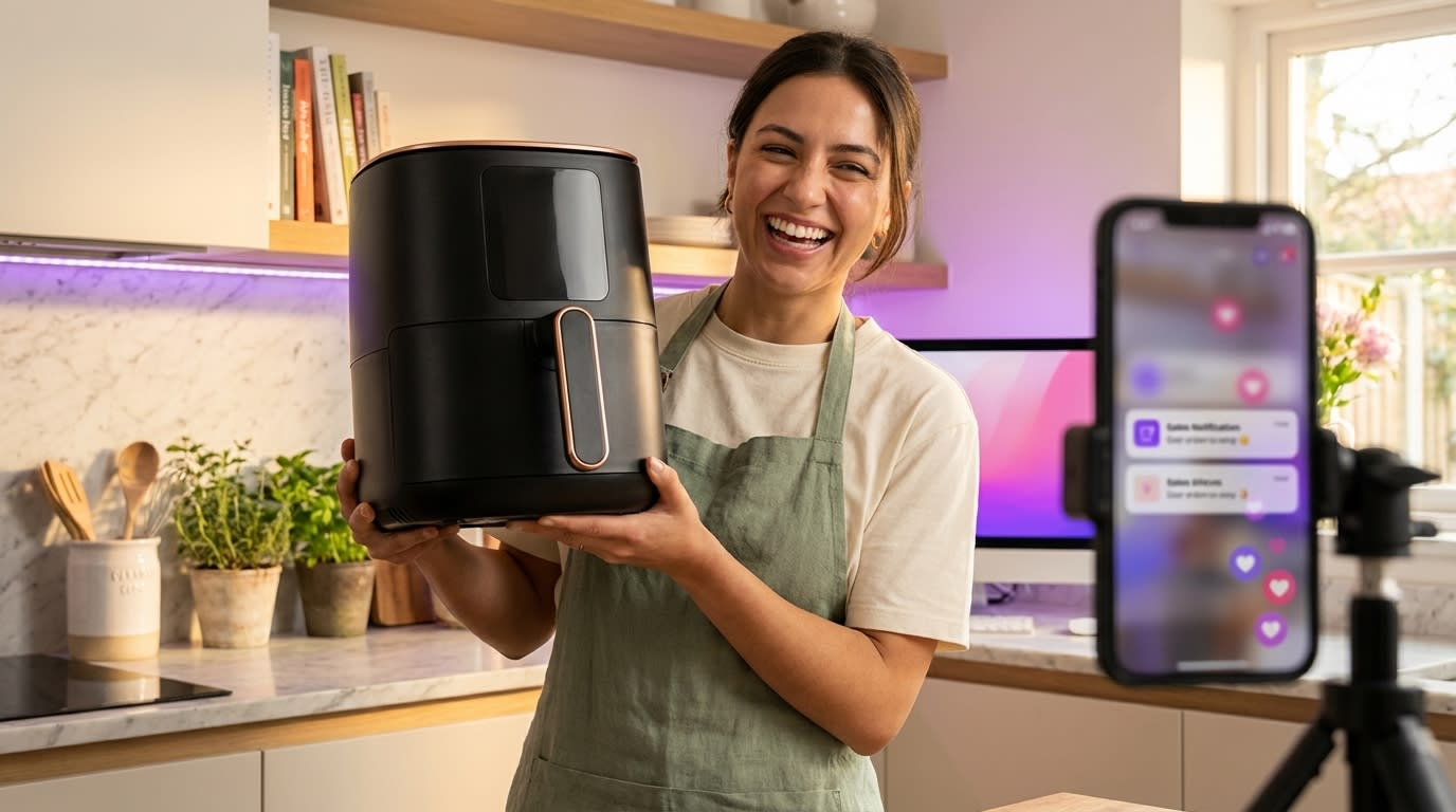 Enthusiastic TikTok Shop live host presenting kitchen product with heart emojis and sold notifications