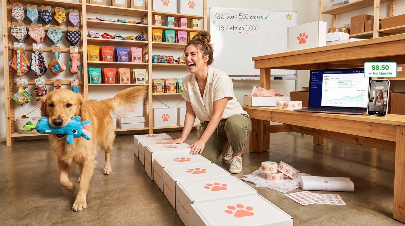 Entrepreneur packing TikTok Shop pet product orders in organized fulfillment space with top-quartile CPA dashboard