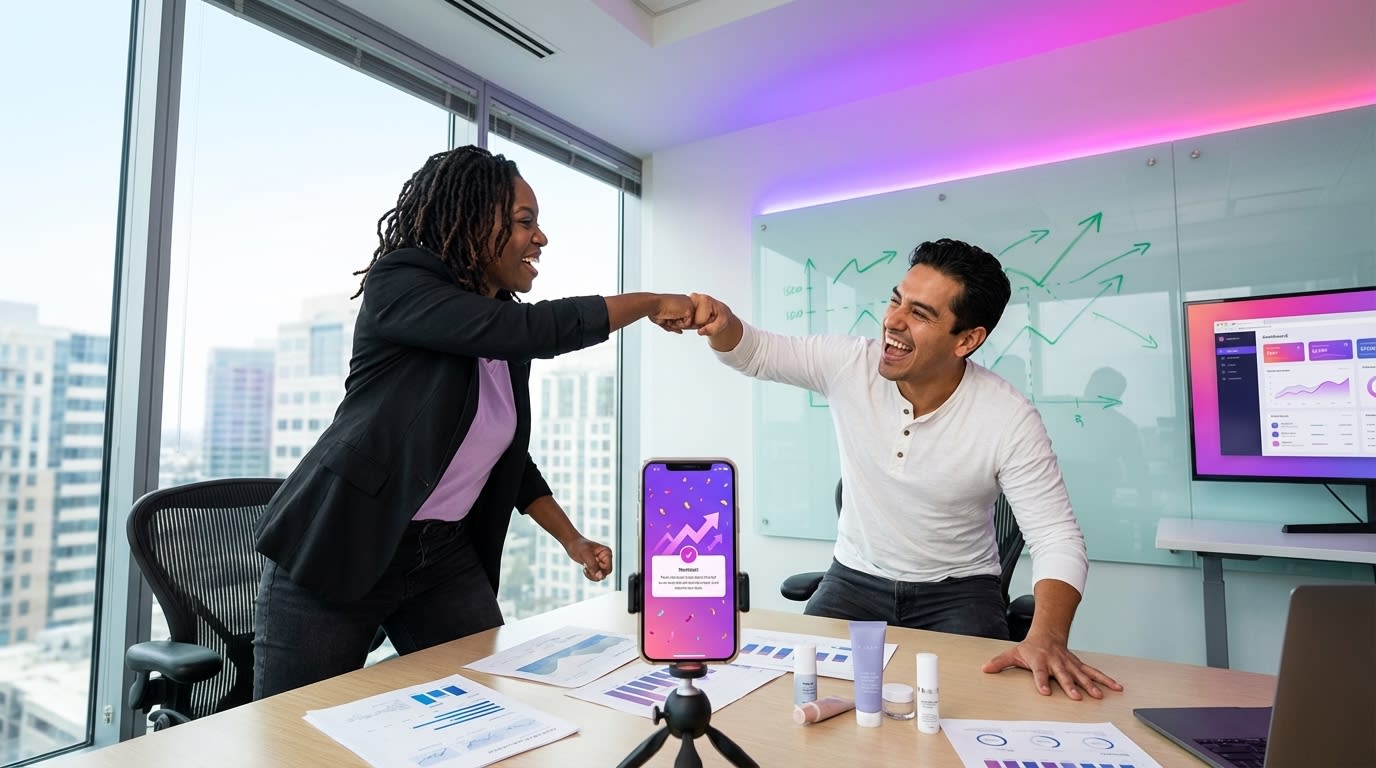Entrepreneurs celebrating record TikTok Shop ROAS with fist bump over analytics and product samples