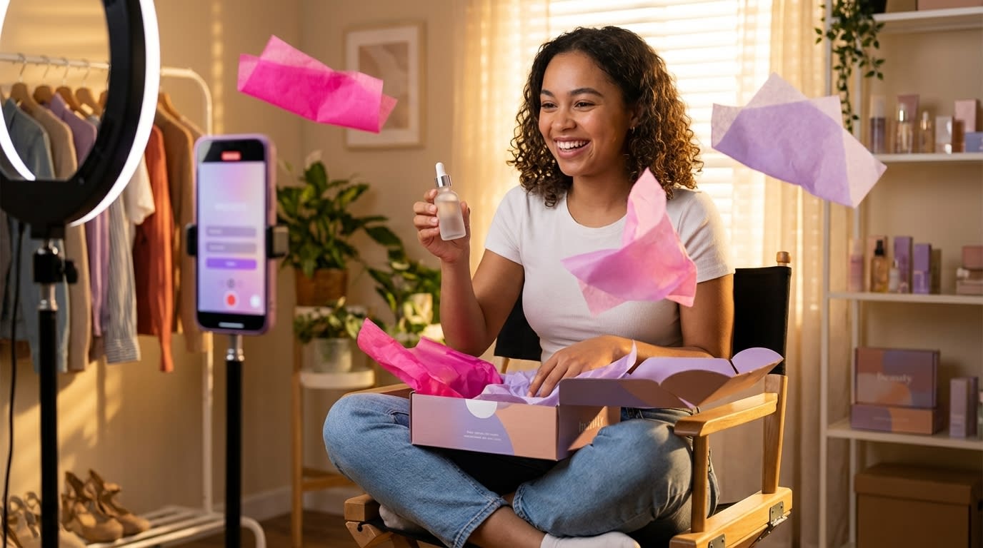 Excited TikTok creator unboxing product seeding package in professional content studio