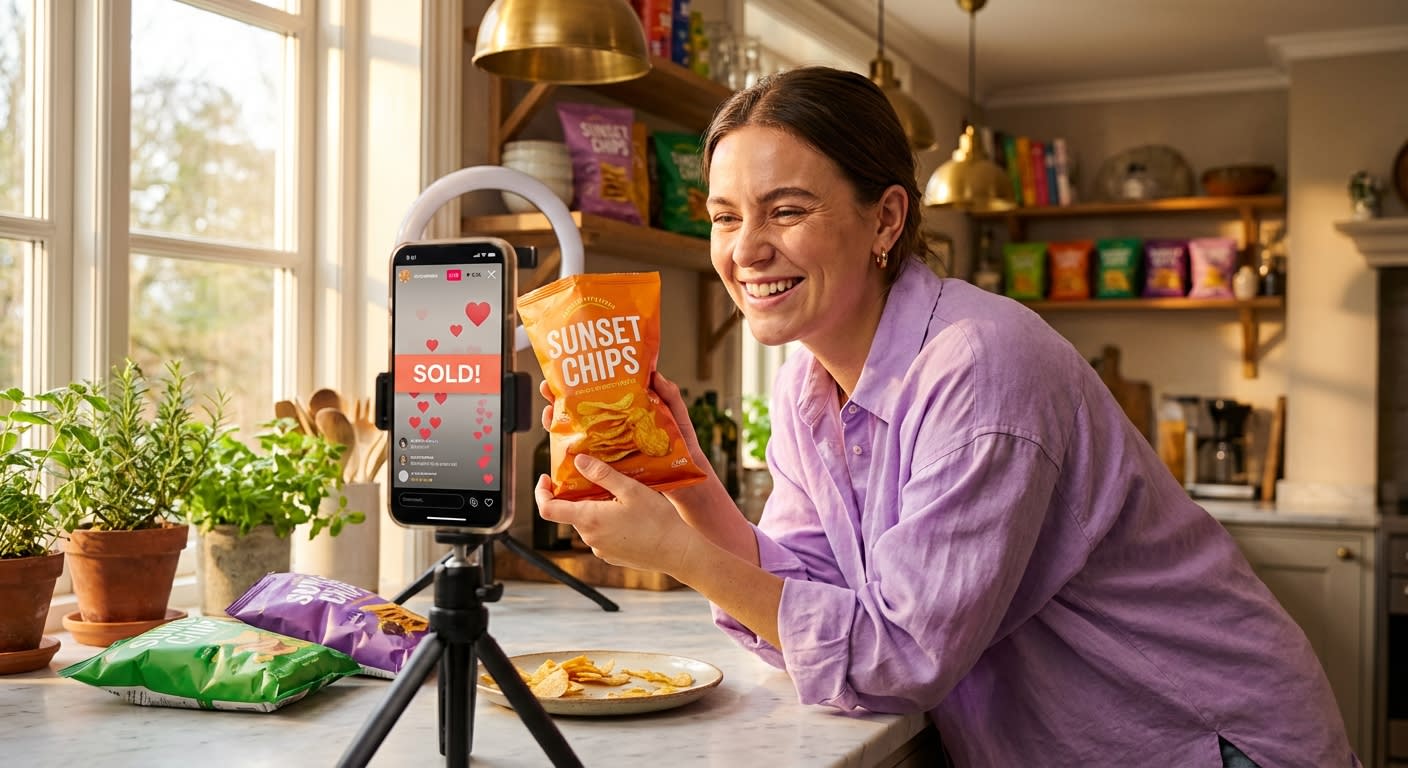 Food creator excitedly presenting snack product on TikTok Shop live stream with heart emoji engagement