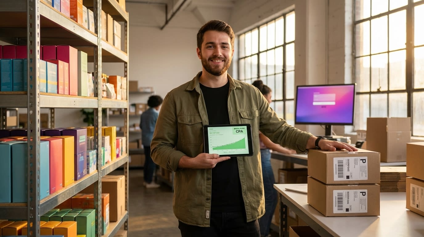 Proud TikTok Shop seller standing in organized warehouse with profitable CPA on tablet dashboard