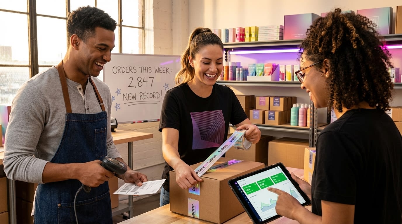 TikTok Shop fulfillment team packing branded orders in organized warehouse with order count whiteboard