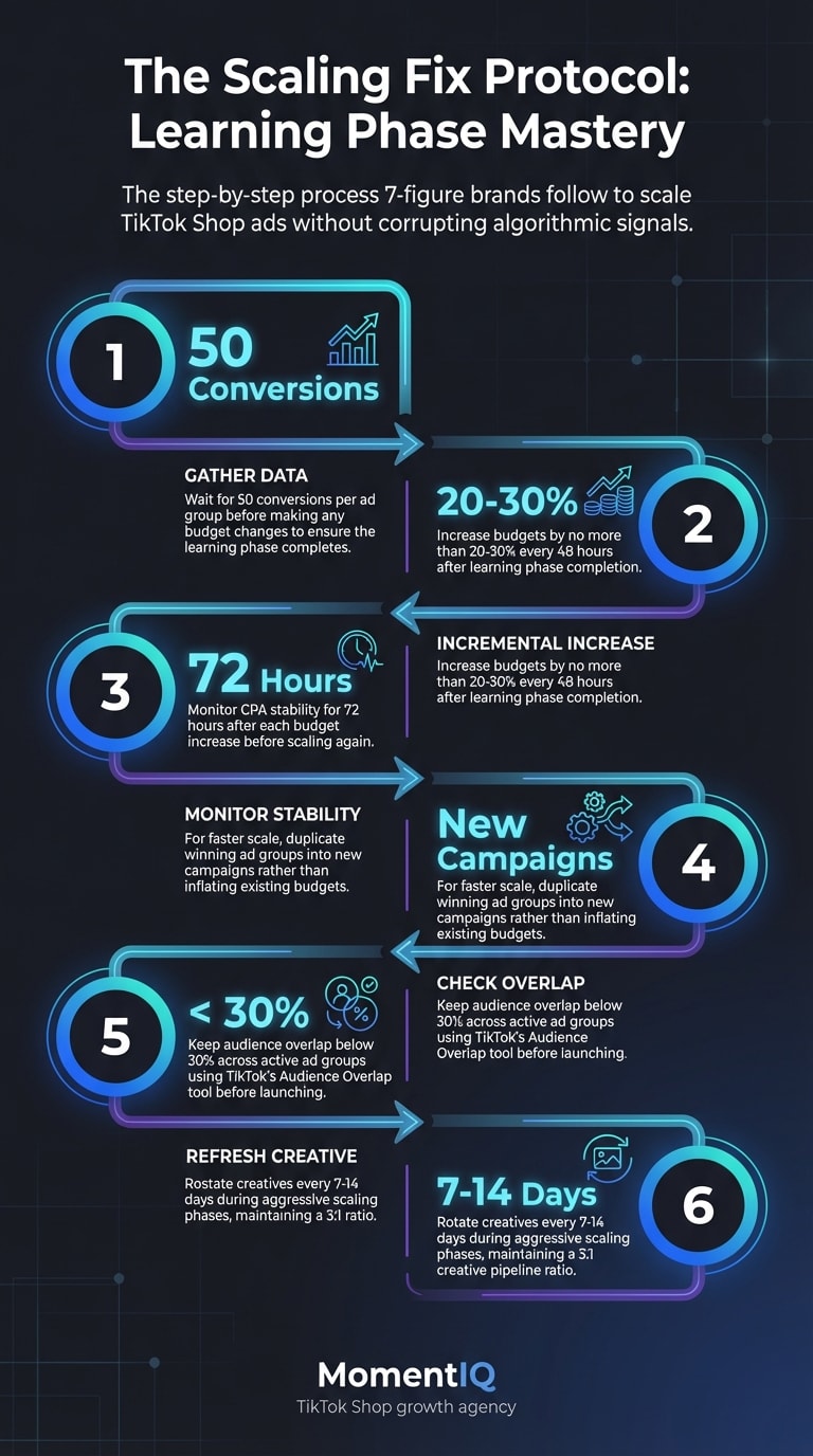 Process flow infographic showing six sequential steps for scaling TikTok Shop ads correctly including 50 conversions threshold, 20-30% budget increases, 72-hour monitoring, campaign duplication, under 30% audience overlap, and 7-14 day creative rotation