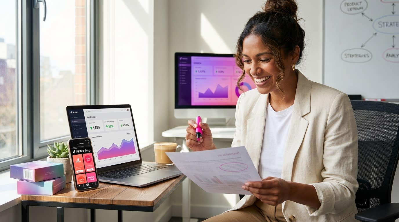 Brand founder reviewing TikTok Shop scaling audit report with highlighted insights and organized campaign structure on laptop
