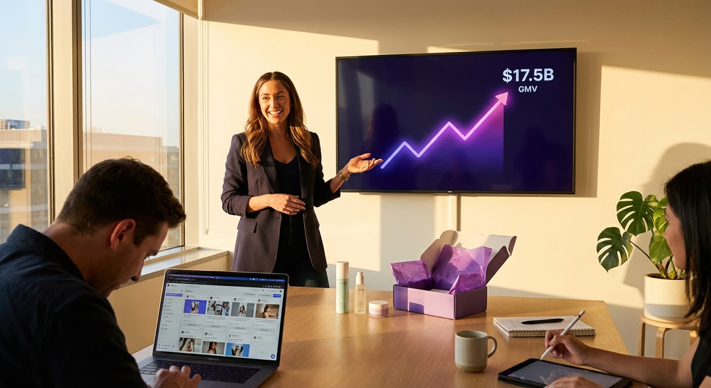 Brand strategist presenting TikTok Shop growth analytics dashboard showing upward revenue trends to her team