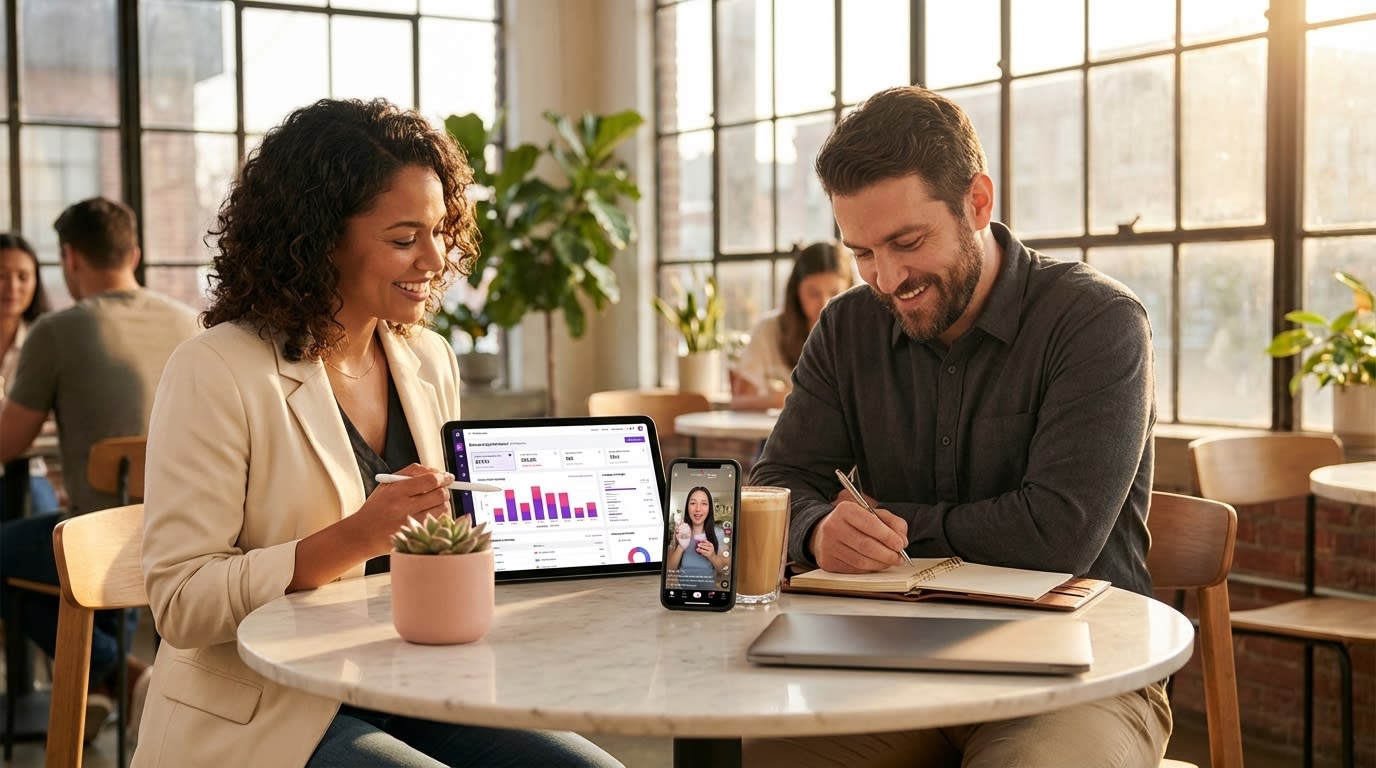 Business partners reviewing TikTok Shop ad account structure on tablet at bright café workspace