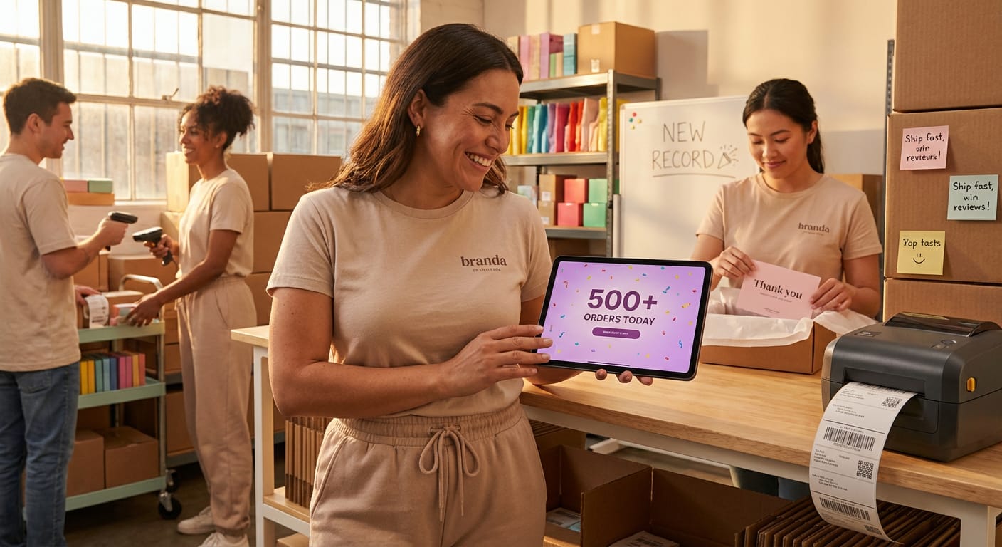 Energetic TikTok Shop fulfillment team packing branded orders in organized warehouse with order count display