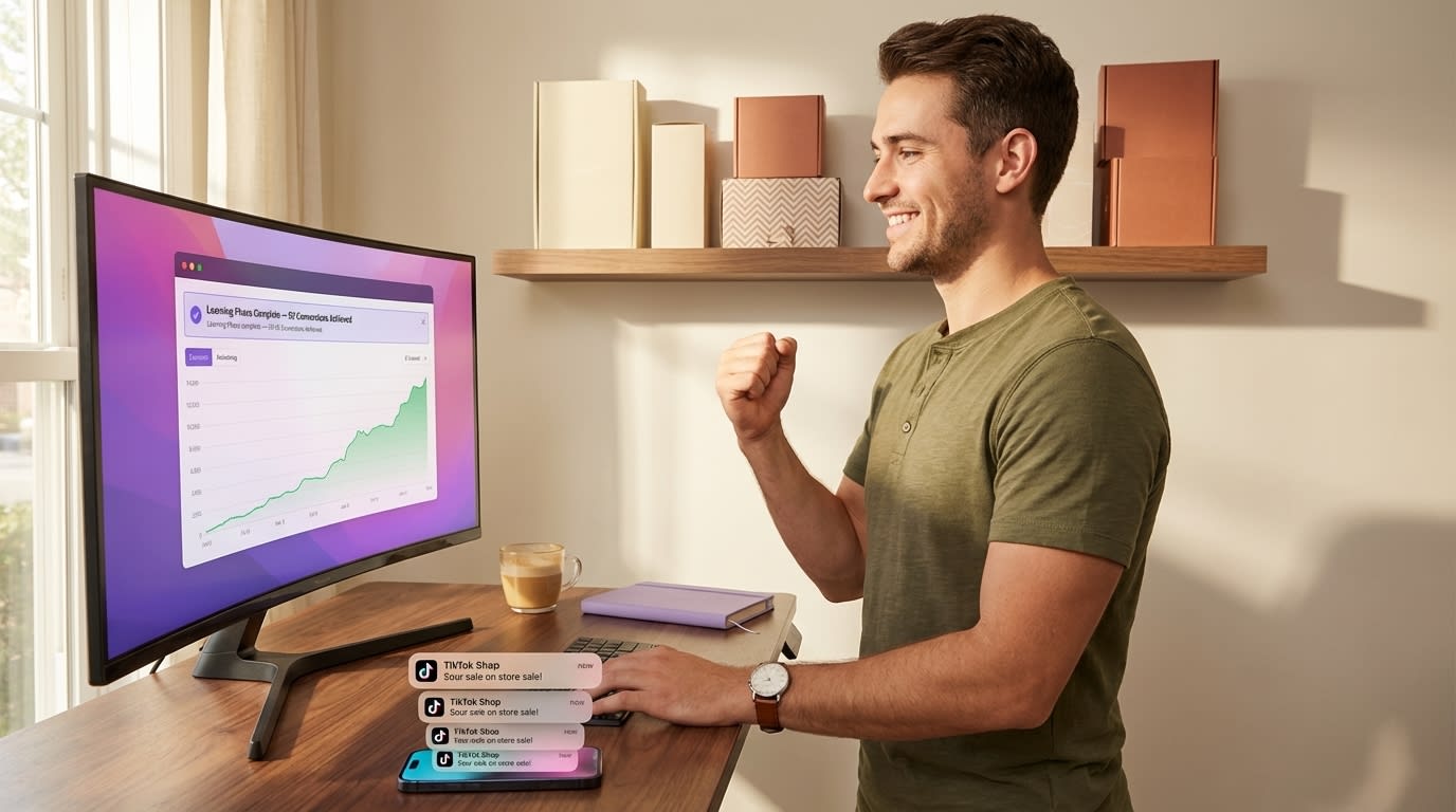 Entrepreneur celebrating TikTok Shop ad learning phase completion with 50 conversions at standing desk