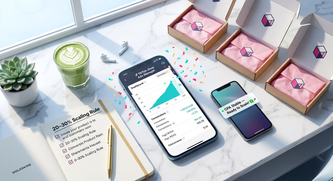 Flat lay of TikTok Shop ads manager showing completed learning phase with scaling strategy checklist and branded products