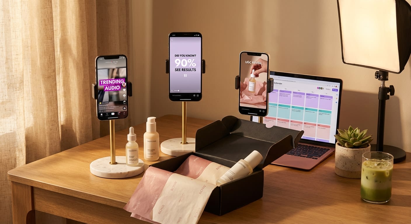 Professional TikTok Shop creator studio with phone showing viral product video and products ready for filming