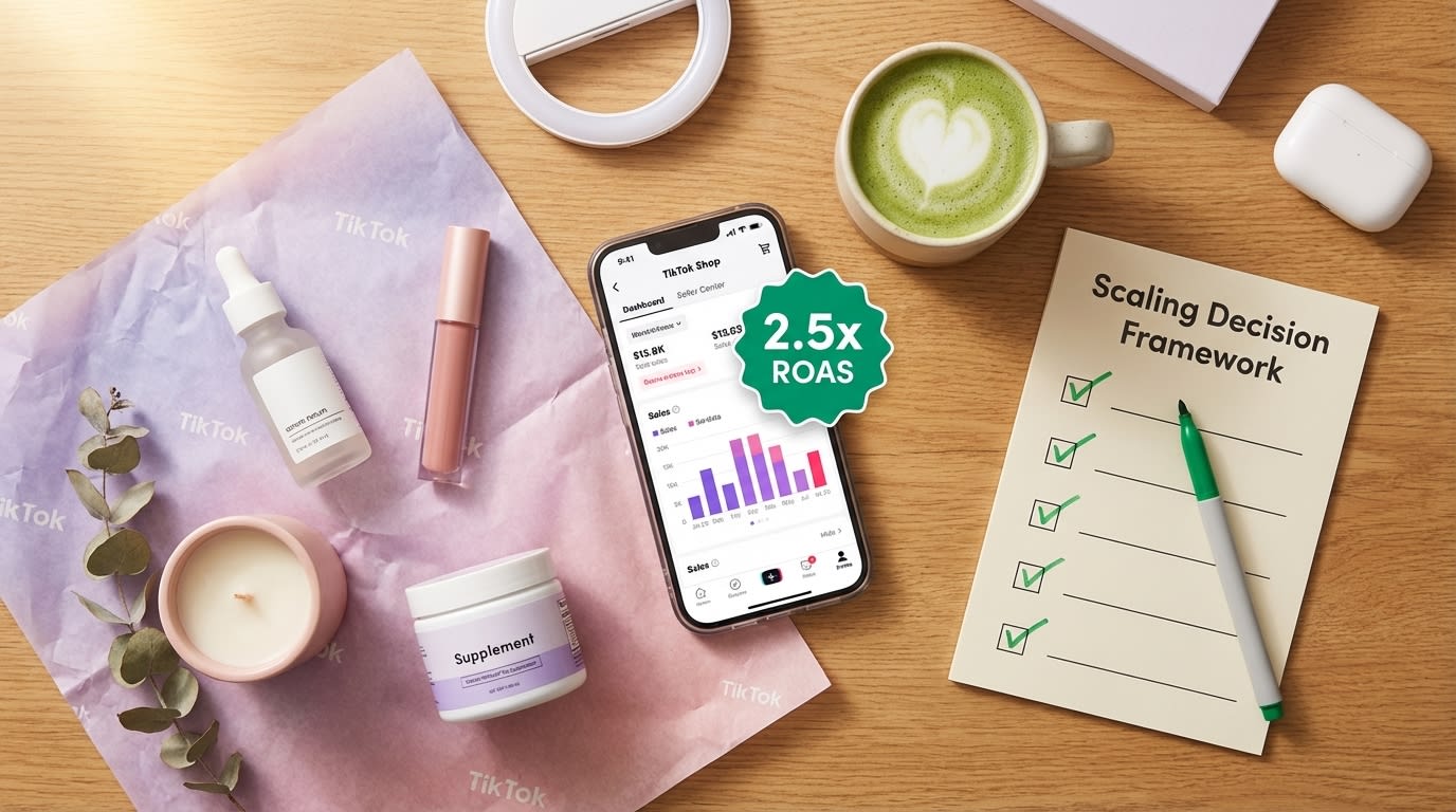 Flat lay of TikTok Shop dashboard showing 2.5x ROAS with scaling checklist and branded product samples