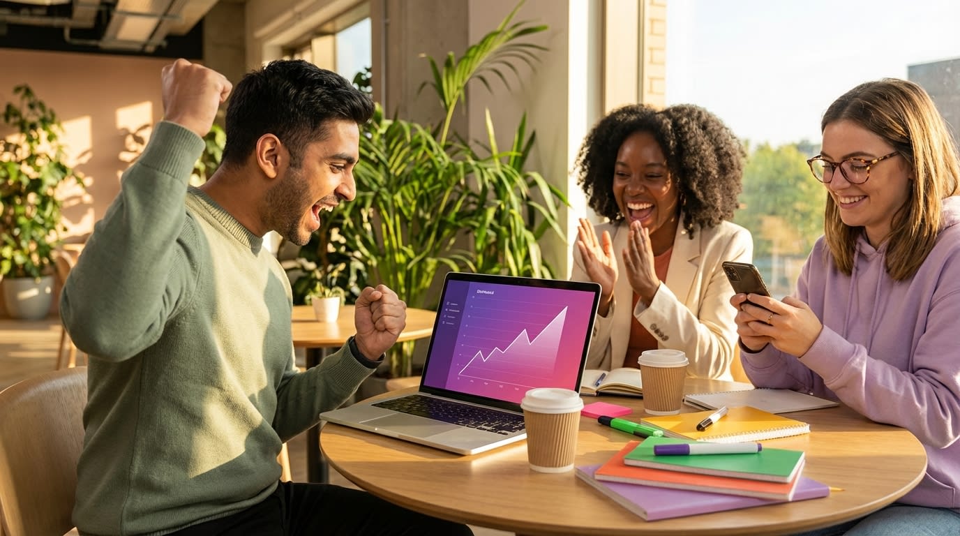 Marketing team spontaneously celebrating TikTok Shop daily revenue record around laptop dashboard