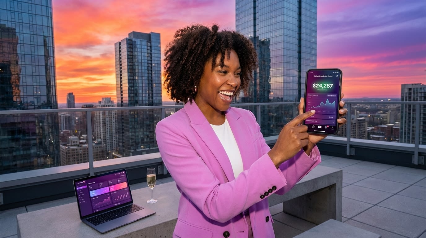 Successful TikTok Shop brand founder viewing impressive daily revenue on phone against sunset skyline