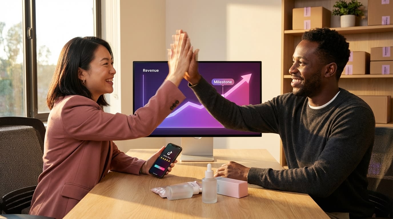 Team high-fiving over TikTok Shop revenue milestone of 100K GMV with sales notifications and five-star reviews