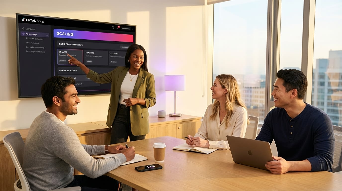 Team reviewing structured TikTok Shop ad campaign tiers on large screen in bright modern office