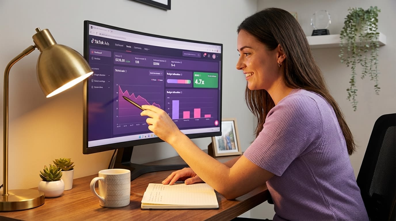 TikTok Shop ad budget scaling dashboard showing CPA decreasing with 20-30% incremental budget increases over time