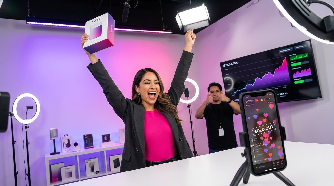 TikTok Shop live shopping host presenting sold-out product with thousands of viewers and floating hearts