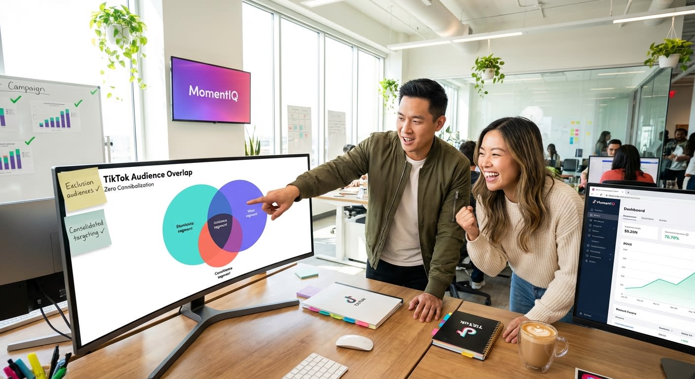TikTok Shop media buyers reviewing audience overlap tool showing optimized non-competing ad group segments