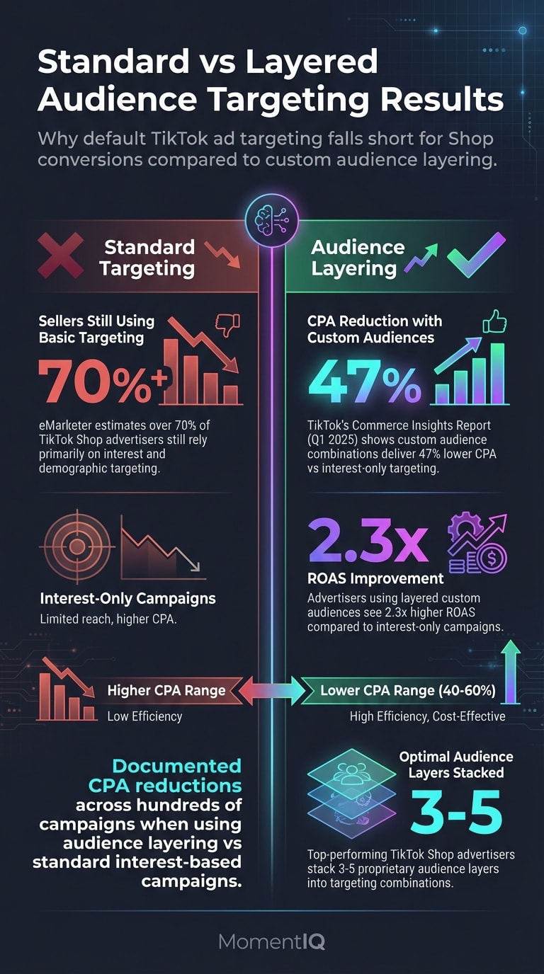 Infographic comparing standard TikTok ad targeting versus audience layering strategy showing 47 percent lower CPA and 2.3x higher ROAS with custom audiences