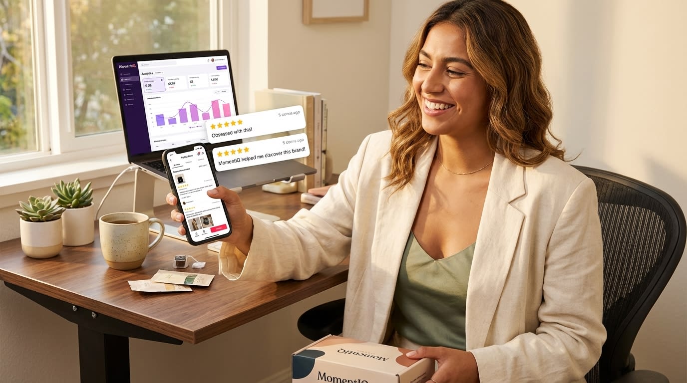 Beaming brand owner reviewing glowing 5-star TikTok Shop customer reviews on her phone