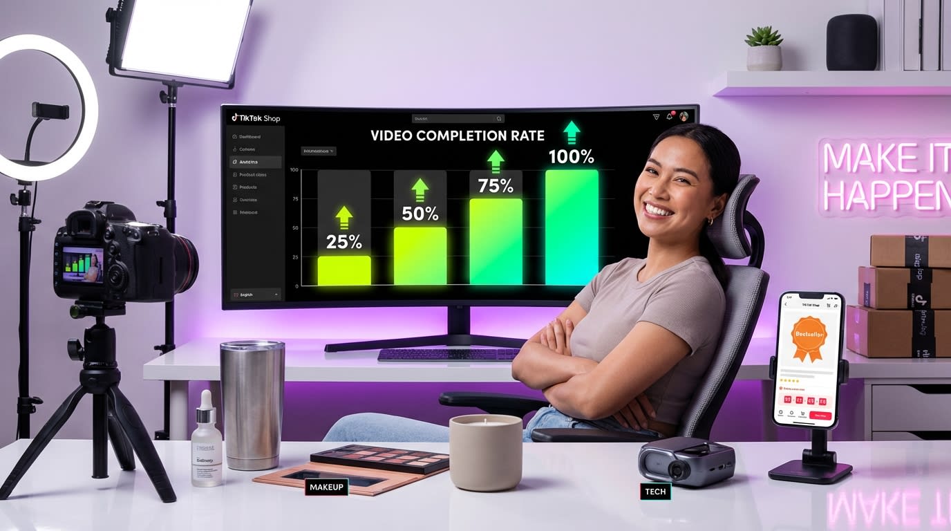 Confident TikTok Shop creator reviewing video completion audience analytics in a professional content studio
