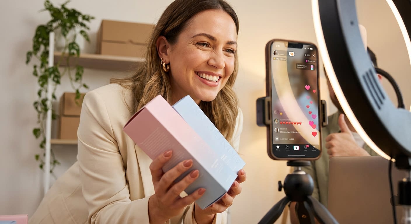 Energetic TikTok Shop live stream host presenting products while viewer engagement metrics climb on screen