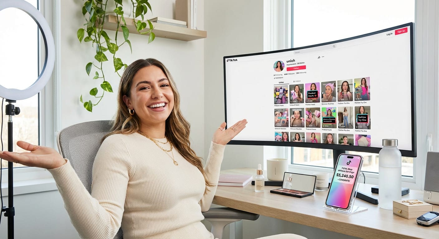 Confident TikTok Shop creator reviewing video completion audience analytics in a professional content studio