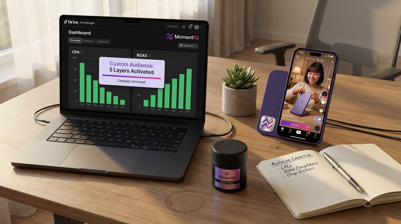 Flat lay of a desk with TikTok Ads Manager showing custom audience setup and targeted TikTok Shop ad creative