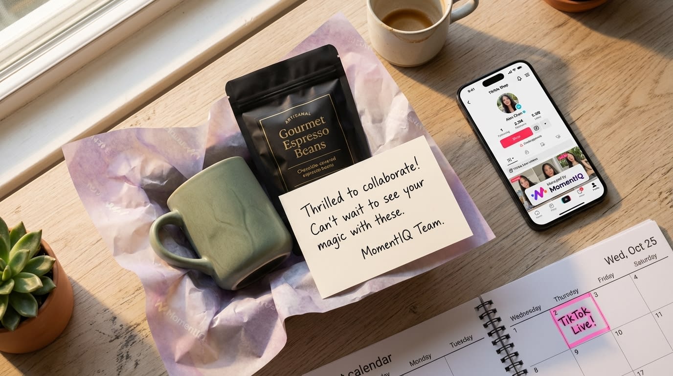 Flat lay of a product seeding package for a TikTok Shop creator with products and a content calendar