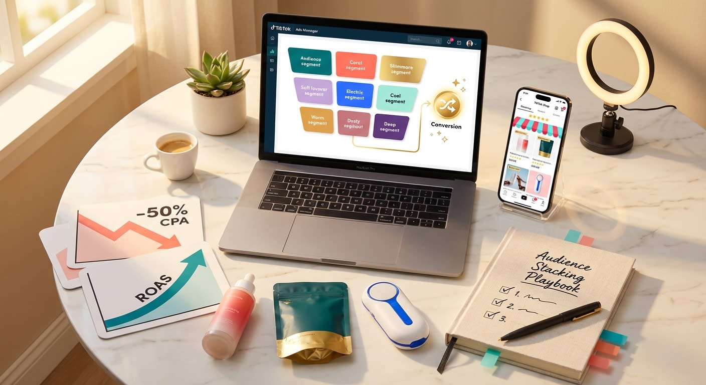 Flat lay of TikTok Shop audience layering strategy materials including ads dashboard, products, and growth charts