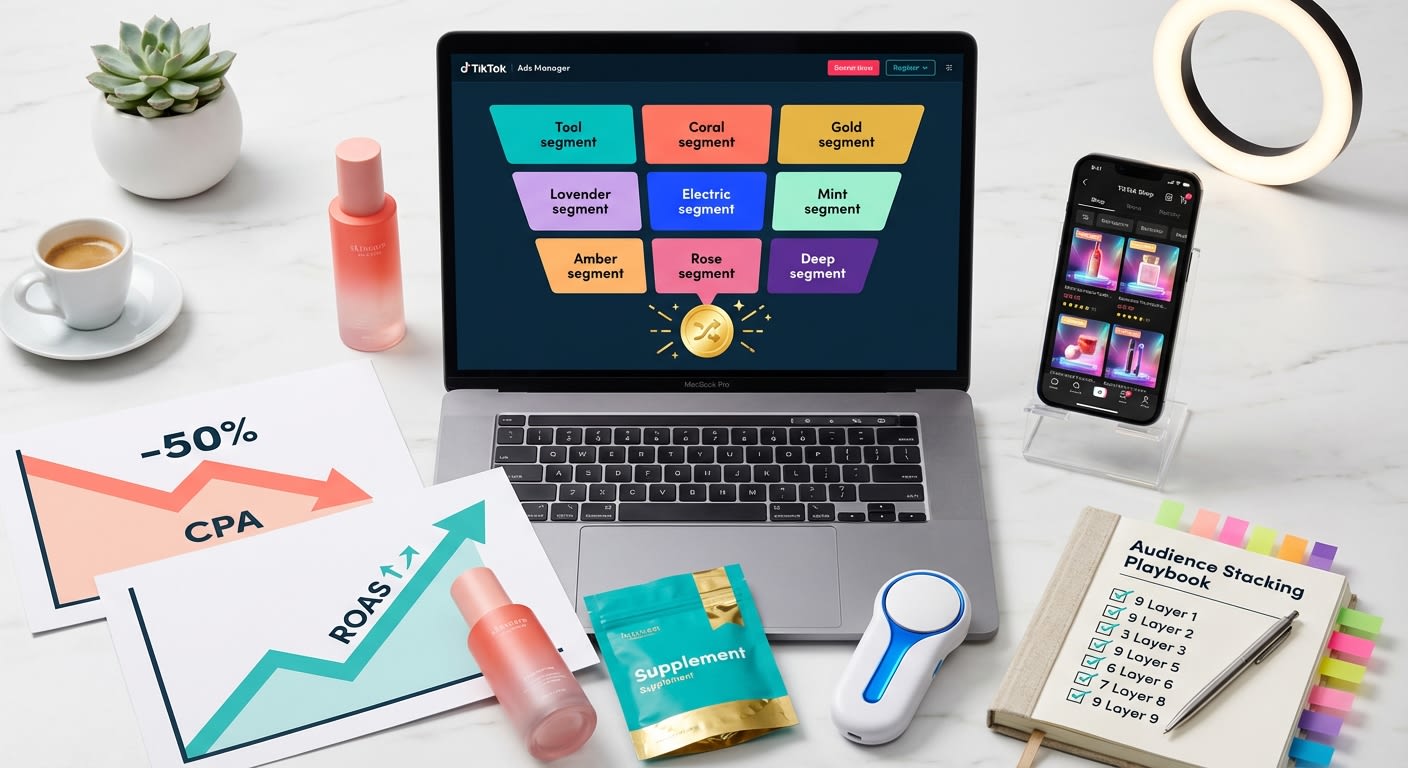 Flat lay of TikTok Shop audience layering strategy materials including ads dashboard, products, and growth charts