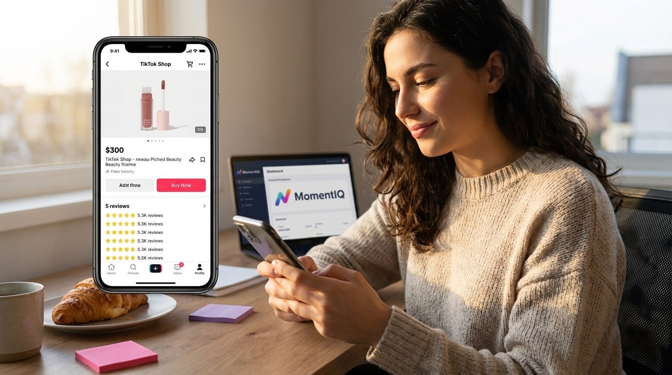 Focused digital marketer scrolling through a successful TikTok Shop product listing on her phone