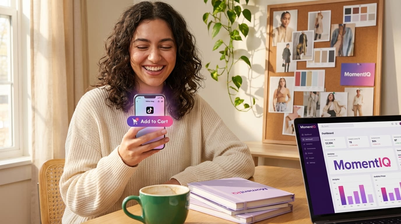 Joyful young woman engaging with TikTok Shop 'Add to Cart' interface on her phone in a home office