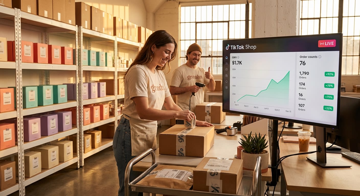 Thriving TikTok Shop fulfillment warehouse with organized inventory and real-time GMV growth dashboard