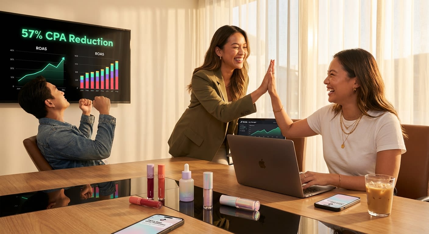 TikTok Shop brand team celebrating 57 percent CPA reduction with audience layering campaign results on screen