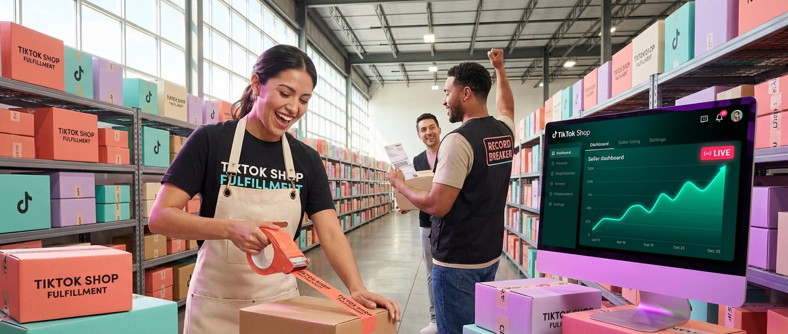Thriving TikTok Shop fulfillment warehouse with organized inventory and real-time GMV growth dashboard