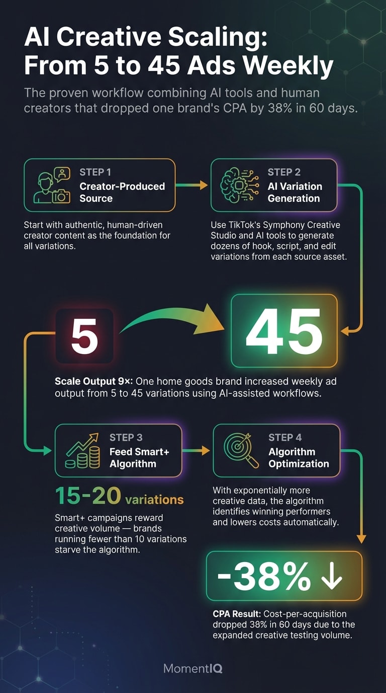 Process flow infographic showing five steps of AI creative scaling workflow for TikTok Shop ads from creator content to AI variation generation to 9x output increase to algorithm optimization resulting in 38 percent CPA reduction