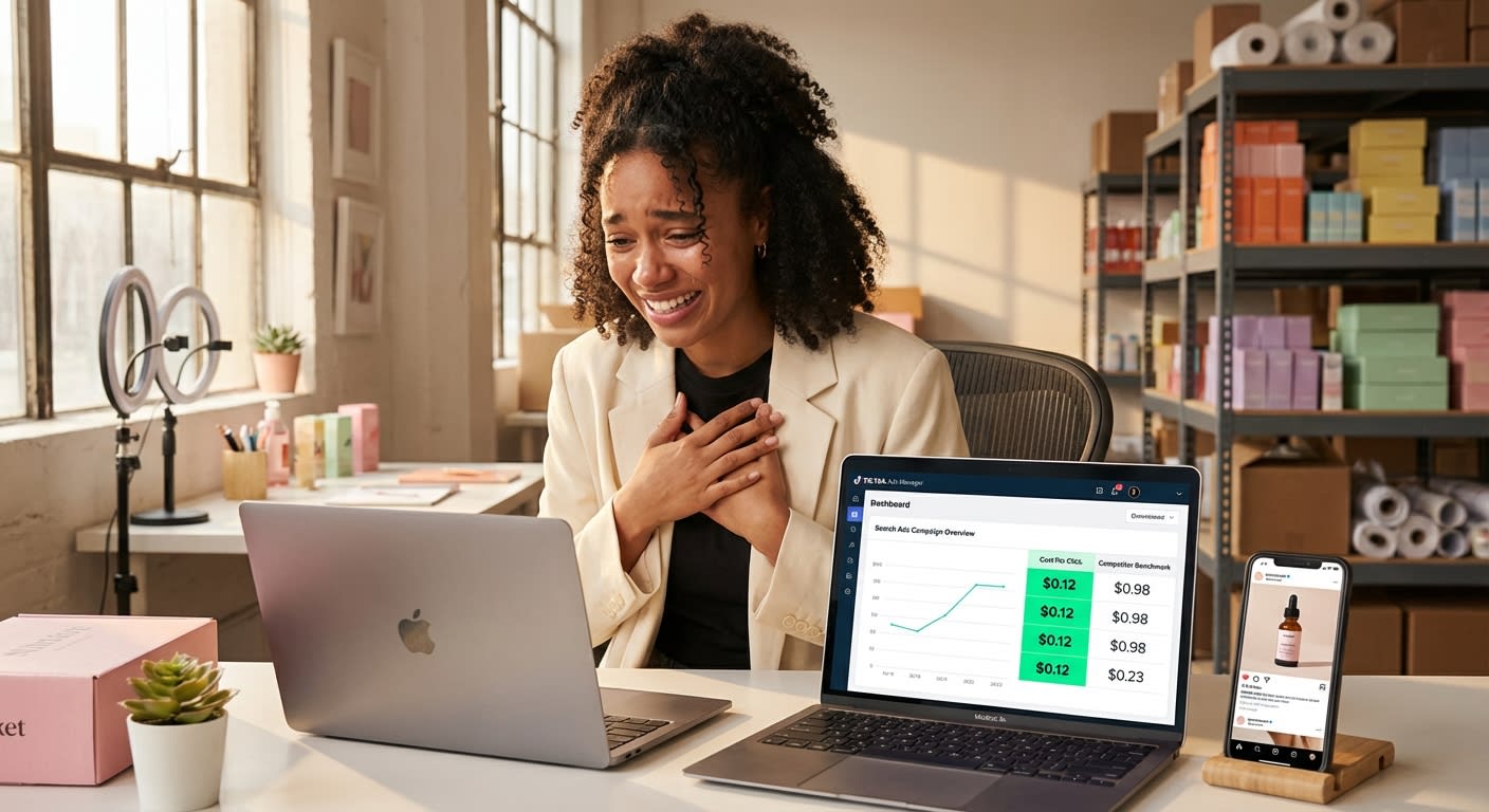 Entrepreneur celebrating early success with TikTok Shop search ads showing low CPC results