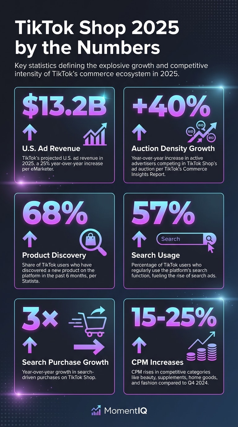 Infographic showcasing six key TikTok Shop 2025 statistics including 13.2 billion dollar ad revenue, 40 percent auction density growth, 68 percent product discovery rate, 57 percent search usage, 3x search purchase growth, and 15 to 25 percent CPM increases