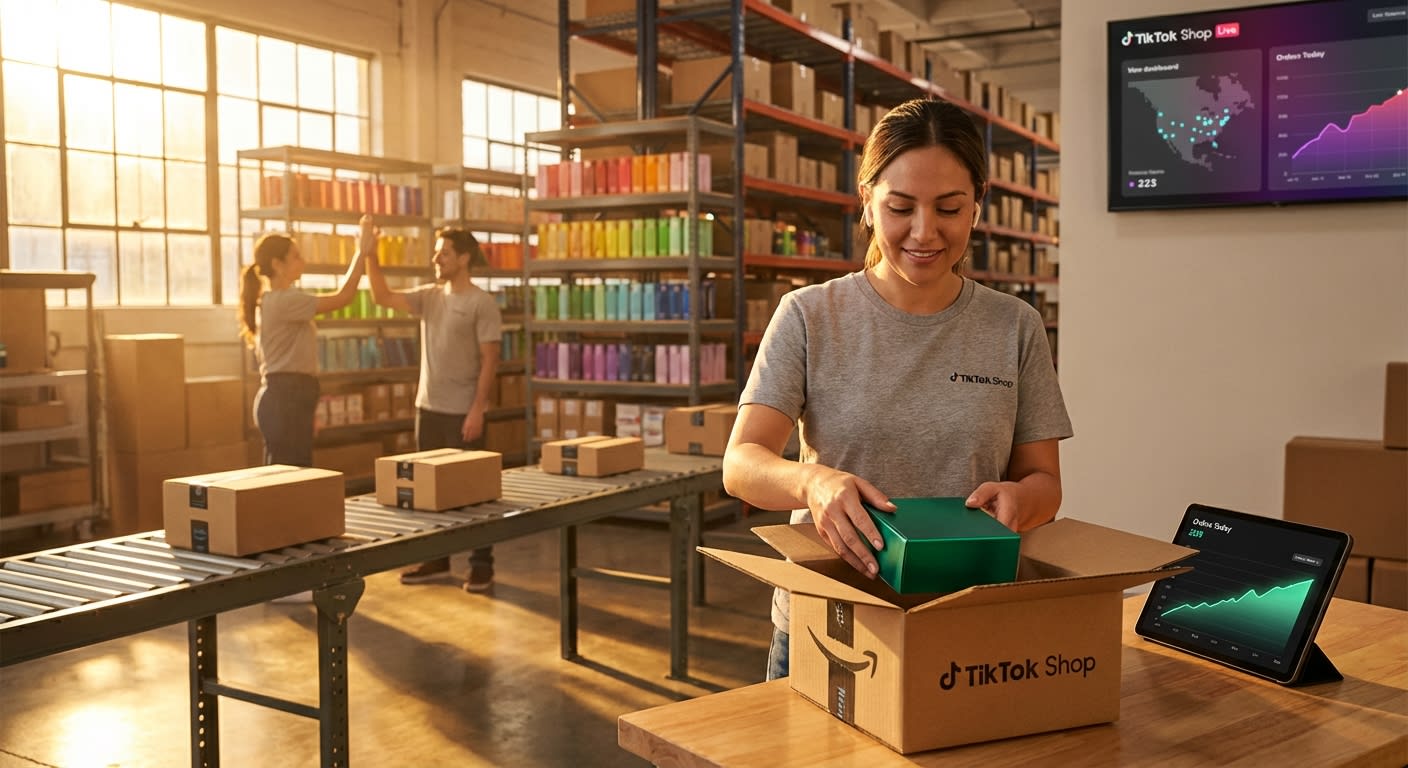 Organized TikTok Shop fulfillment warehouse with team packing orders and live sales dashboard showing growth