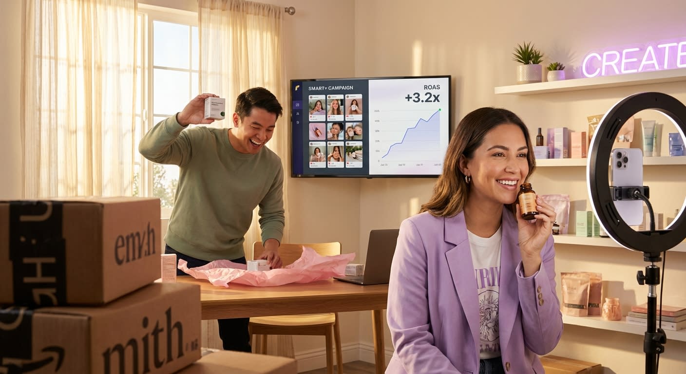 TikTok Shop creator studio with multiple creators filming product content for Smart+ ad campaigns