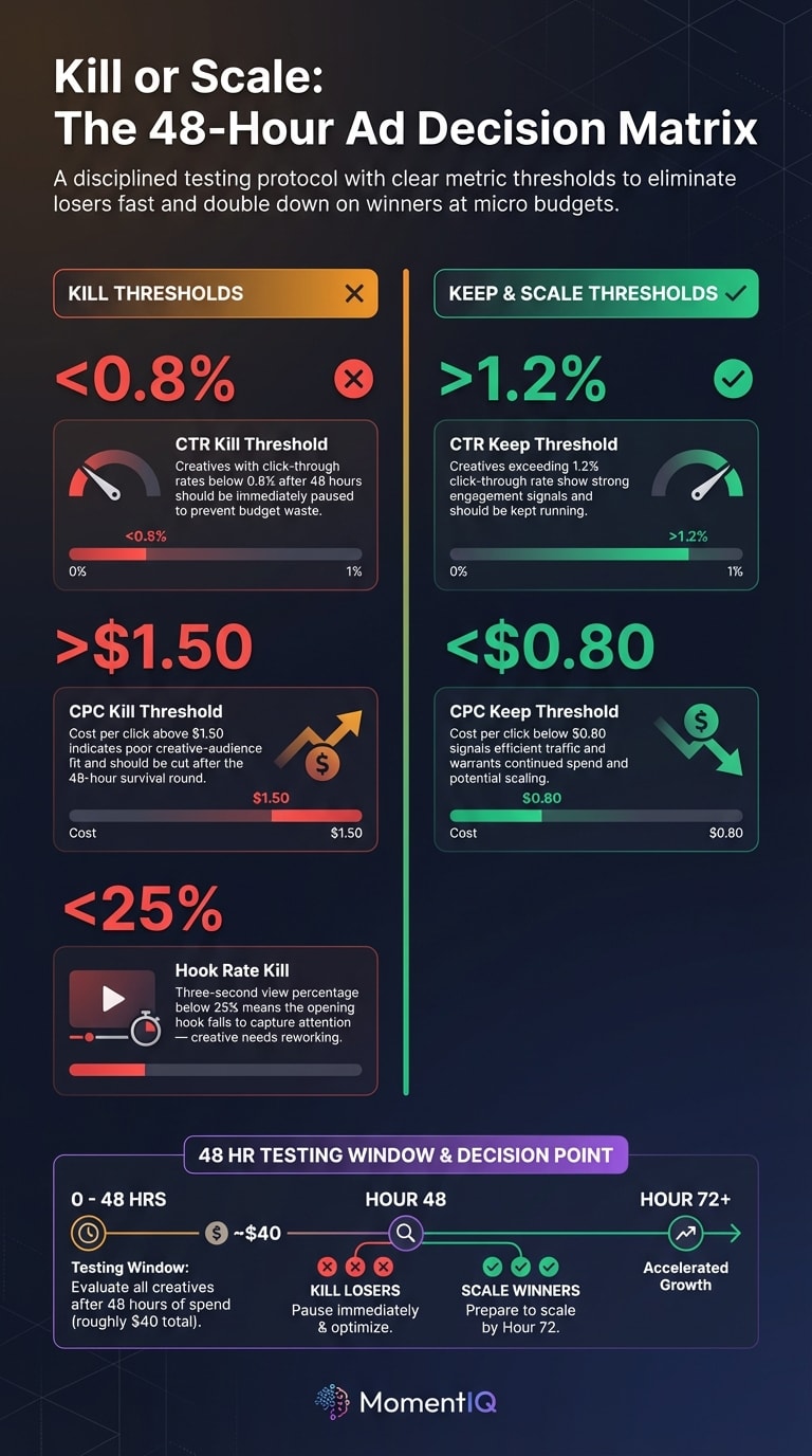 Comparison infographic showing TikTok Shop ad testing thresholds with kill metrics below 0.8% CTR and above $1.50 CPC versus keep metrics above 1.2% CTR and below $0.80 CPC over a 48-hour evaluation window