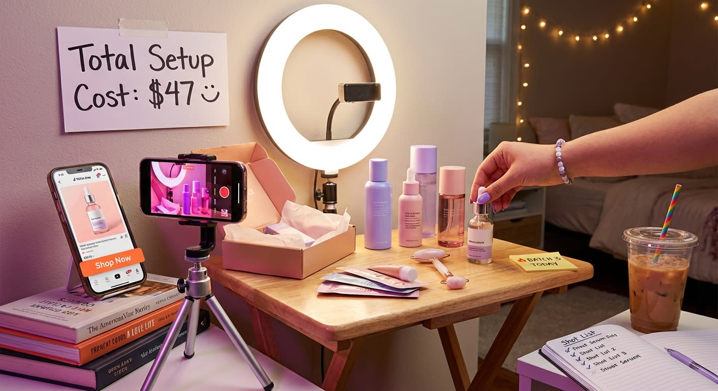 Affordable TikTok Shop content creation setup with ring light smartphone tripod and products ready for filming