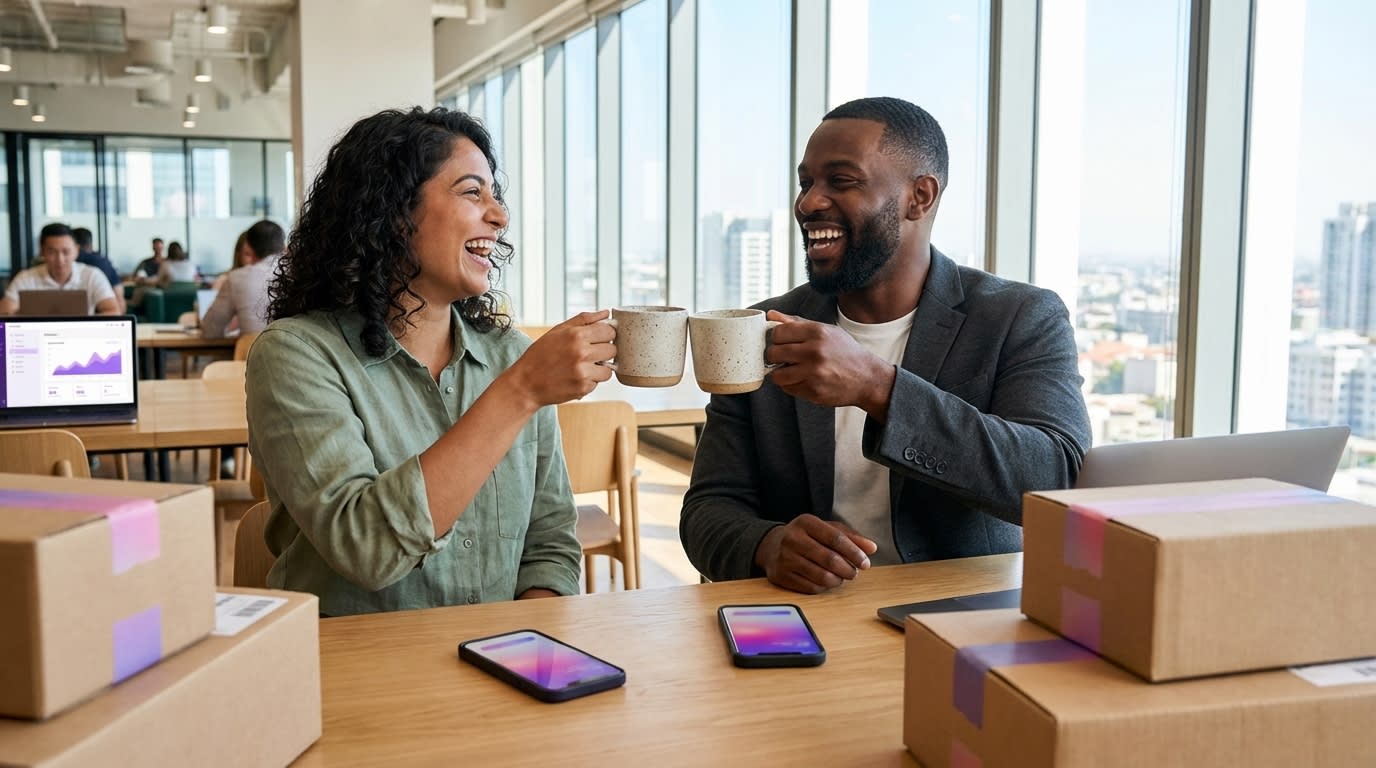 Business partners celebrating TikTok Shop growth with phones showing top seller badge and scaling ad budget