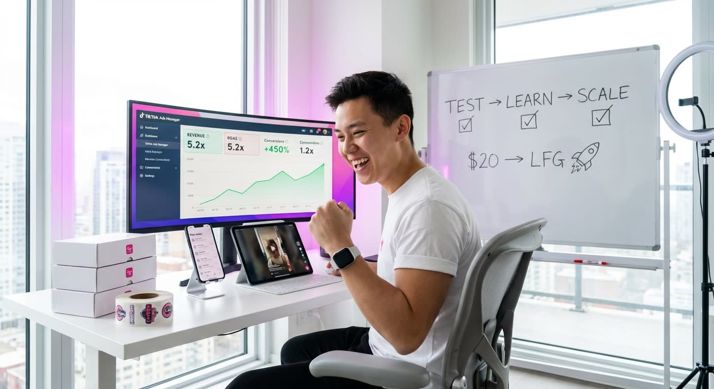 Confident entrepreneur reviewing TikTok Shop Ads Manager dashboard with upward revenue trends in bright home office