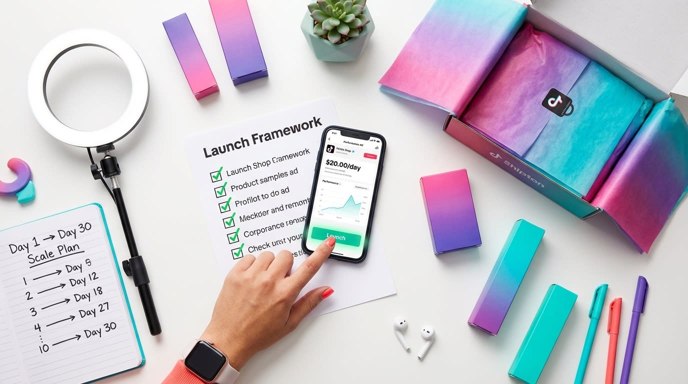 Complete TikTok Shop small budget ad launch toolkit flat lay with phone checklist products and shipping supplies