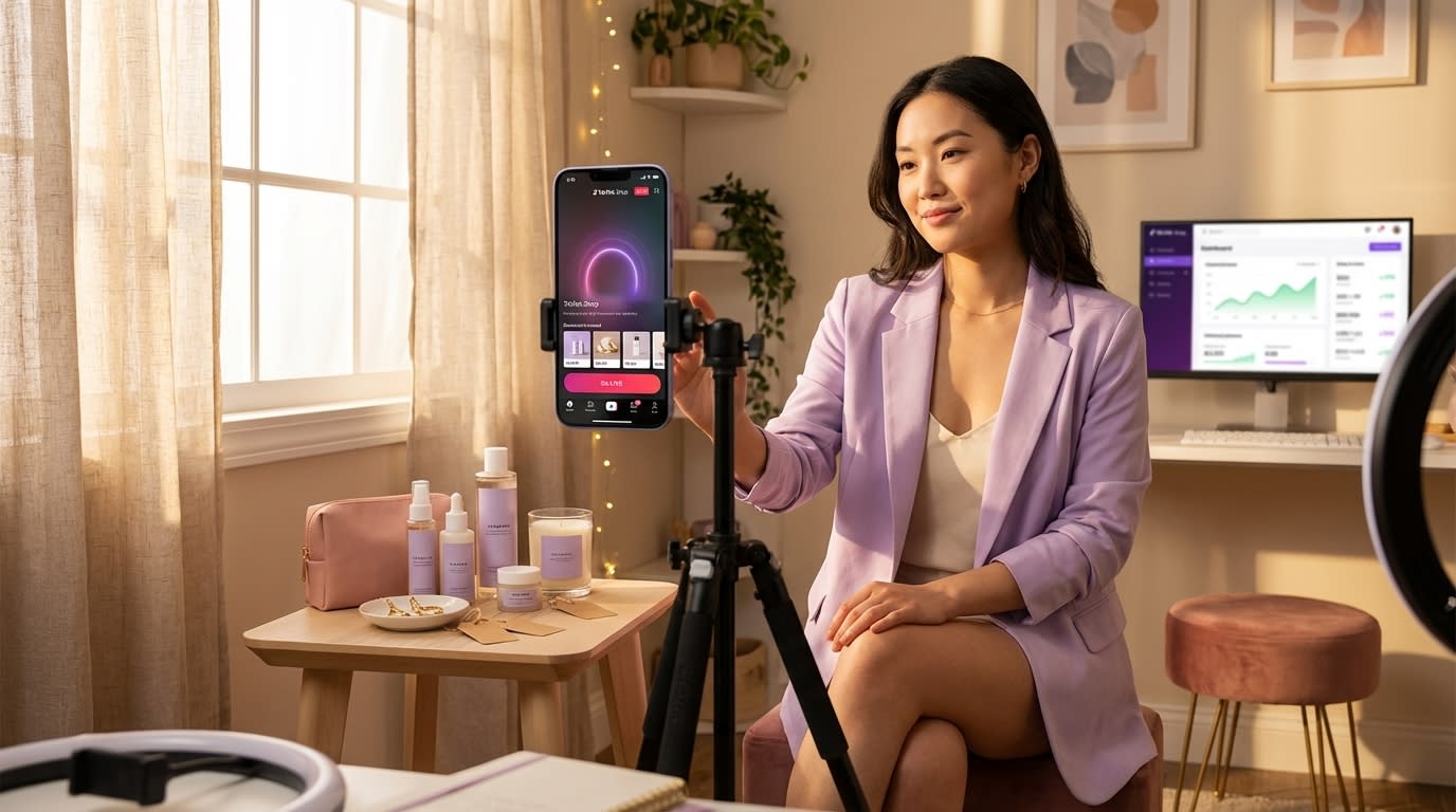 Content creator preparing to go live on TikTok Shop with professional studio setup ring light and product display