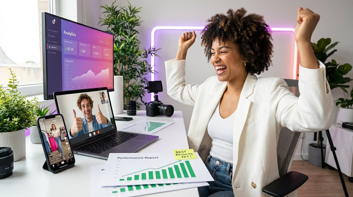 Creator and brand team celebrating best TikTok Shop campaign results on video call with viral video metrics